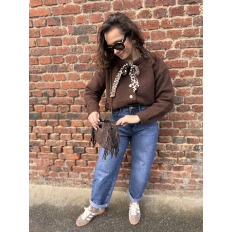 Gilet court femme beige ou marron – Nœud léopard au col – Taille unique 36 à 40