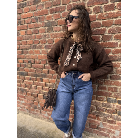 Gilet court femme beige ou marron – Nœud léopard au col – Taille unique 36 à 40