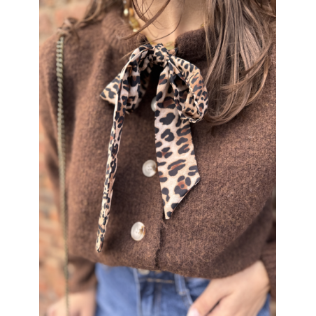 Gilet court femme beige ou marron – Nœud léopard au col – Taille unique 36 à 40