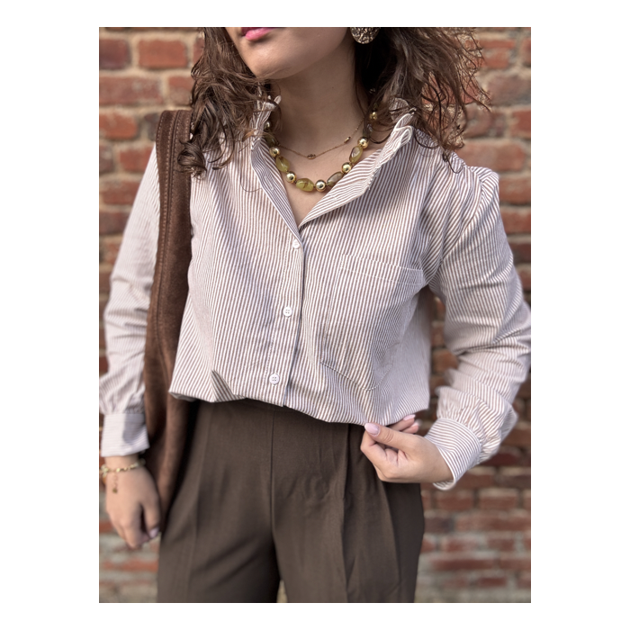 Chemise rayée taupe femme – Col victorien – Tailles S, M, L