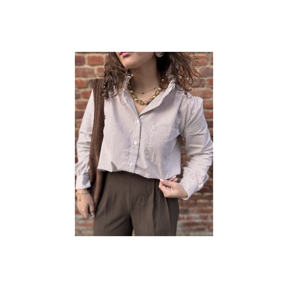 Chemise rayée taupe femme – Col victorien – Tailles S, M, L