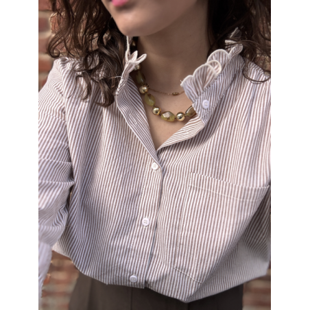 Chemise rayée taupe femme – Col victorien – Tailles S, M, L
