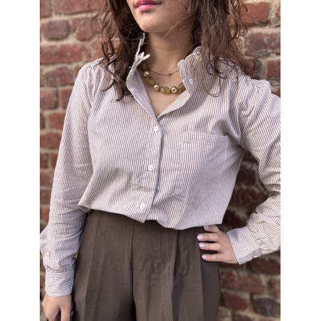 Chemise rayée taupe femme – Col victorien – Tailles S, M, L