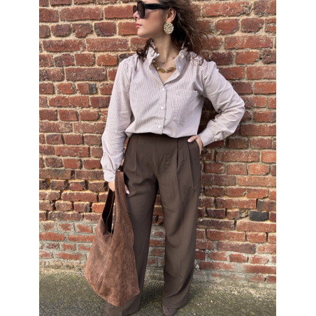 Chemise rayée taupe femme – Col victorien – Tailles S, M, L