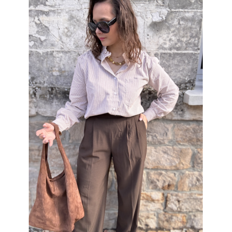 Chemise rayée taupe femme – Col victorien – Tailles S, M, L