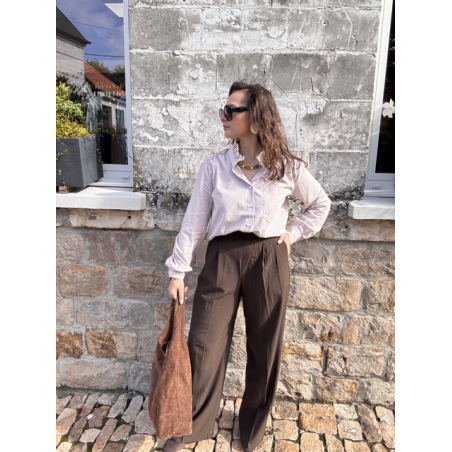 Chemise rayée taupe femme – Col victorien – Tailles S, M, L