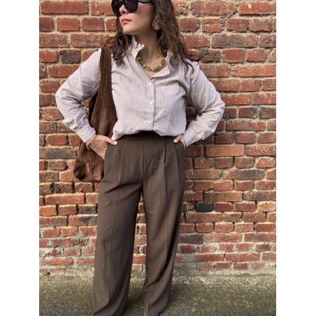 Pantalon marron de tailleur femme – Taille élastiquée et pinces – Du XS au L
