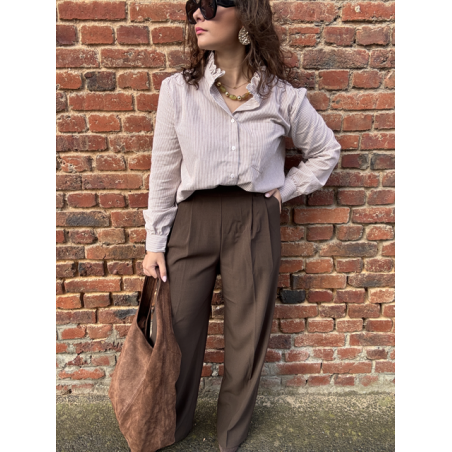 Pantalon marron de tailleur femme – Taille élastiquée et pinces – Du XS au L