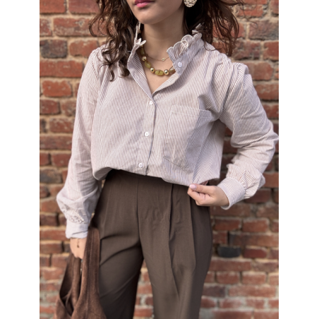 Pantalon marron de tailleur femme – Taille élastiquée et pinces – Du XS au L