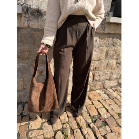 Pantalon marron de tailleur femme – Taille élastiquée et pinces – Du XS au L