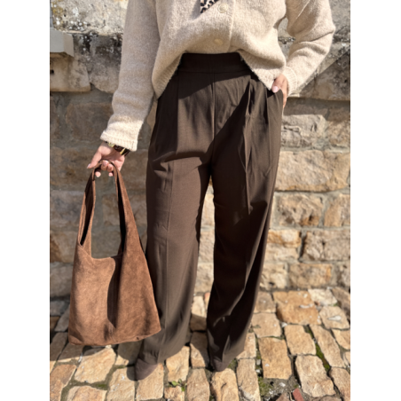 Pantalon marron ou Taupe de tailleur femme – Taille élastiquée et pinces – Du XS au L