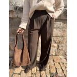 Pantalon marron de tailleur femme – Taille élastiquée et pinces – Du XS au L