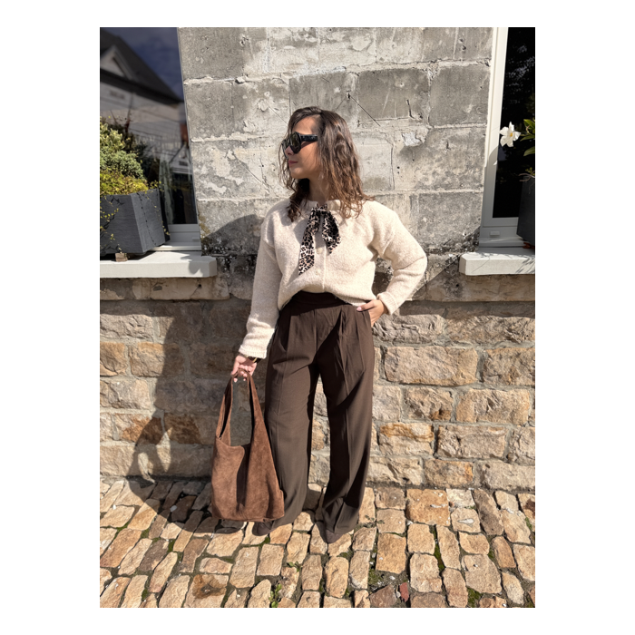 Pantalon marron de tailleur femme – Taille élastiquée et pinces – Du XS au L