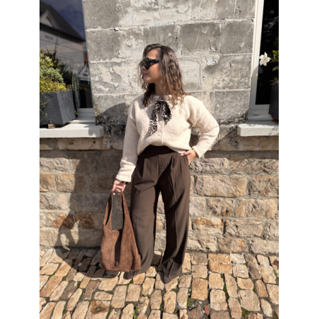 Pantalon marron de tailleur femme – Taille élastiquée et pinces – Du XS au L