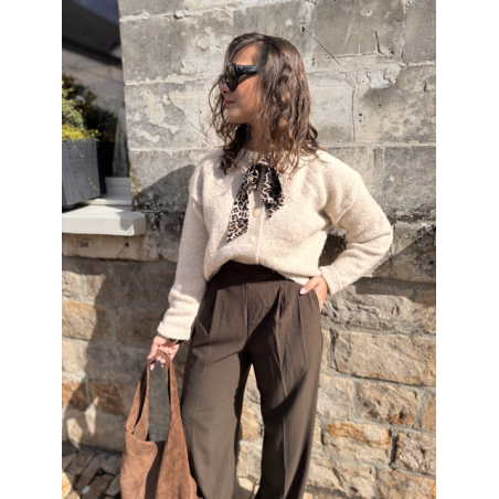 Pantalon marron de tailleur femme – Taille élastiquée et pinces – Du XS au L