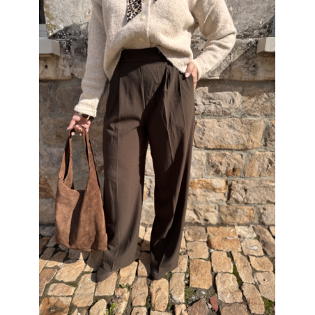 Pantalon marron de tailleur femme – Taille élastiquée et pinces – Du XS au L