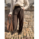 Pantalon marron de tailleur femme – Taille élastiquée et pinces – Du XS au L