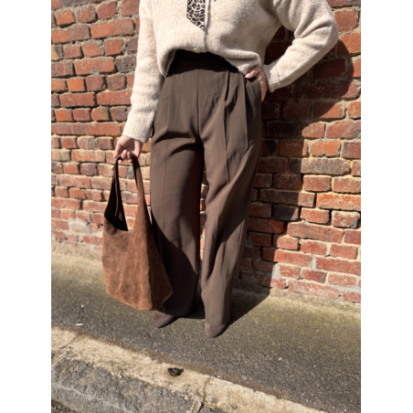 Pantalon marron de tailleur femme – Taille élastiquée et pinces – Du XS au L