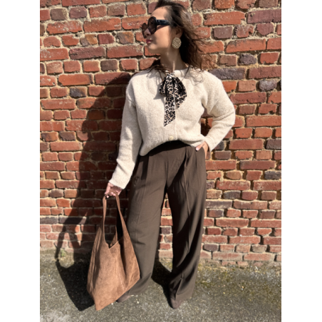 Pantalon marron ou Taupe de tailleur femme – Taille élastiquée et pinces – Du XS au L