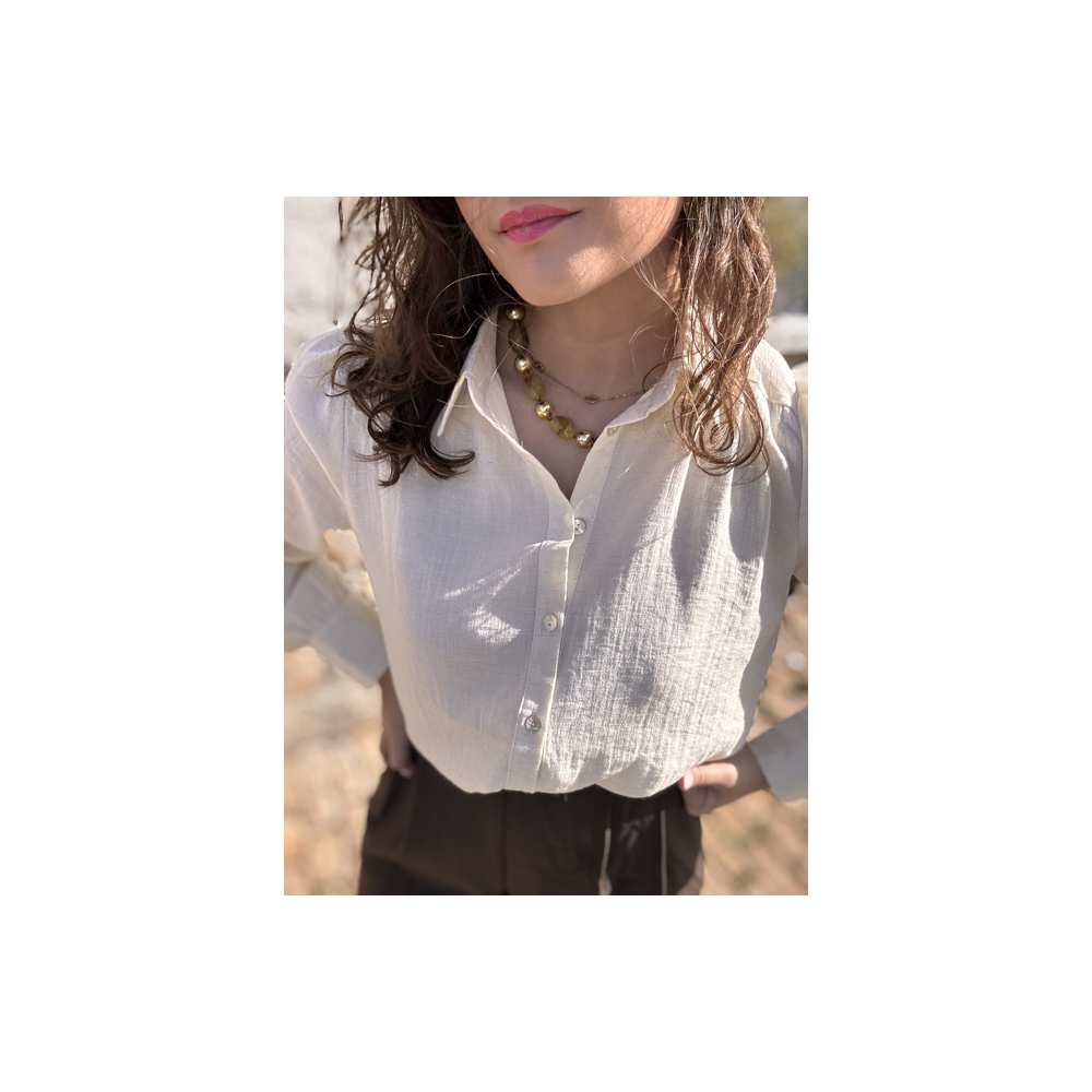 Chemise femme manches longues effet lin – Beige ou marron – Tailles XS à XL