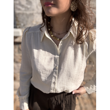 Chemise femme manches longues effet lin – Beige ou marron – Tailles XS à XL