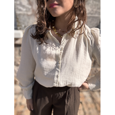 Chemise femme manches longues effet lin – Beige ou marron – Tailles XS à XL