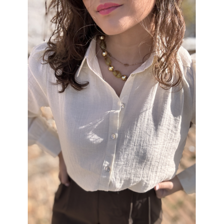Chemise femme manches longues effet lin – Beige ou marron – Tailles XS à XL