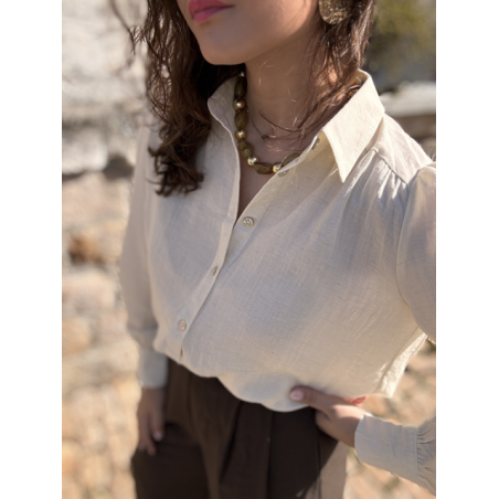 Chemise femme manches longues effet lin – Beige ou marron – Tailles XS à XL