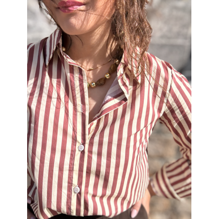 Chemise rayée choco femme – 100% coton – Tailles S, M, L