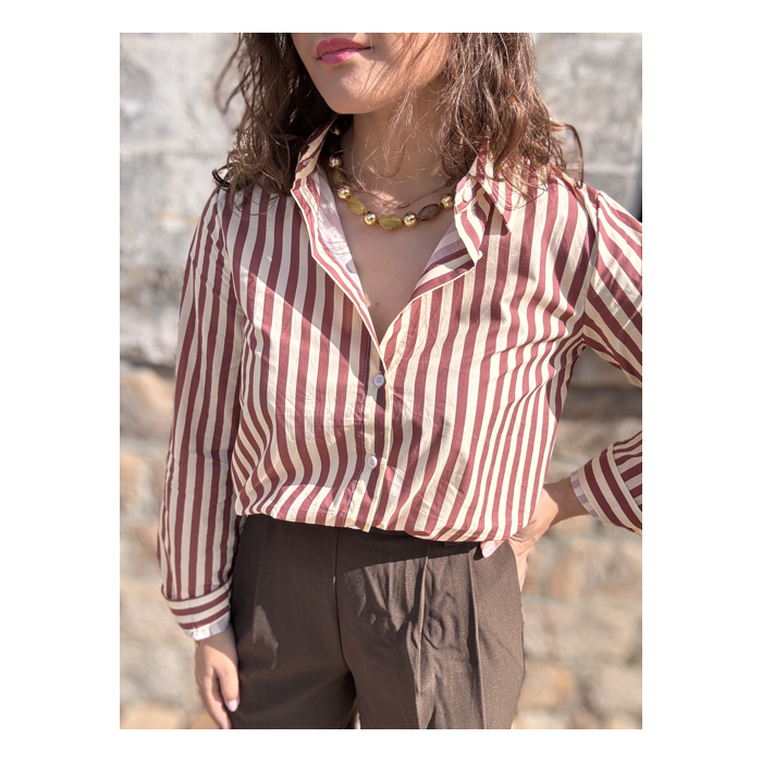 Chemise rayée choco femme – 100% coton – Tailles S, M, L