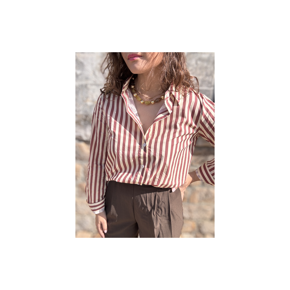 Chemise rayée choco femme – 100% coton – Tailles S, M, L