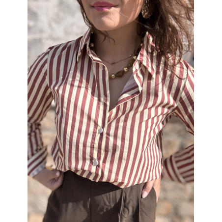 Chemise rayée choco femme – 100% coton – Tailles S, M, L