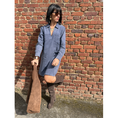 Robe en jean bleu femme – Manches longues – Décolleté V – Tailles S, M, L