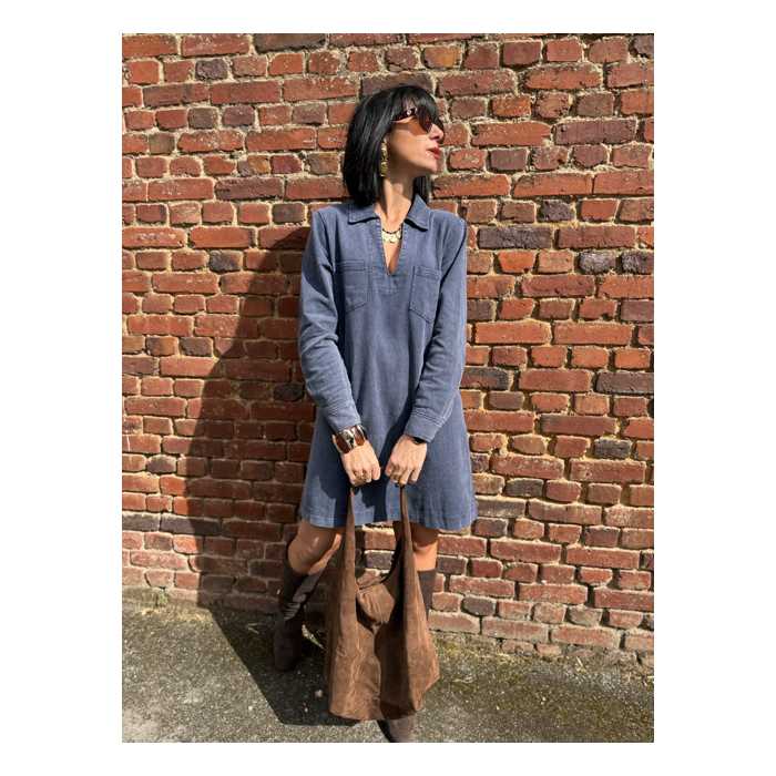 Robe en jean bleu femme – Manches longues – Décolleté V – Tailles S, M, L