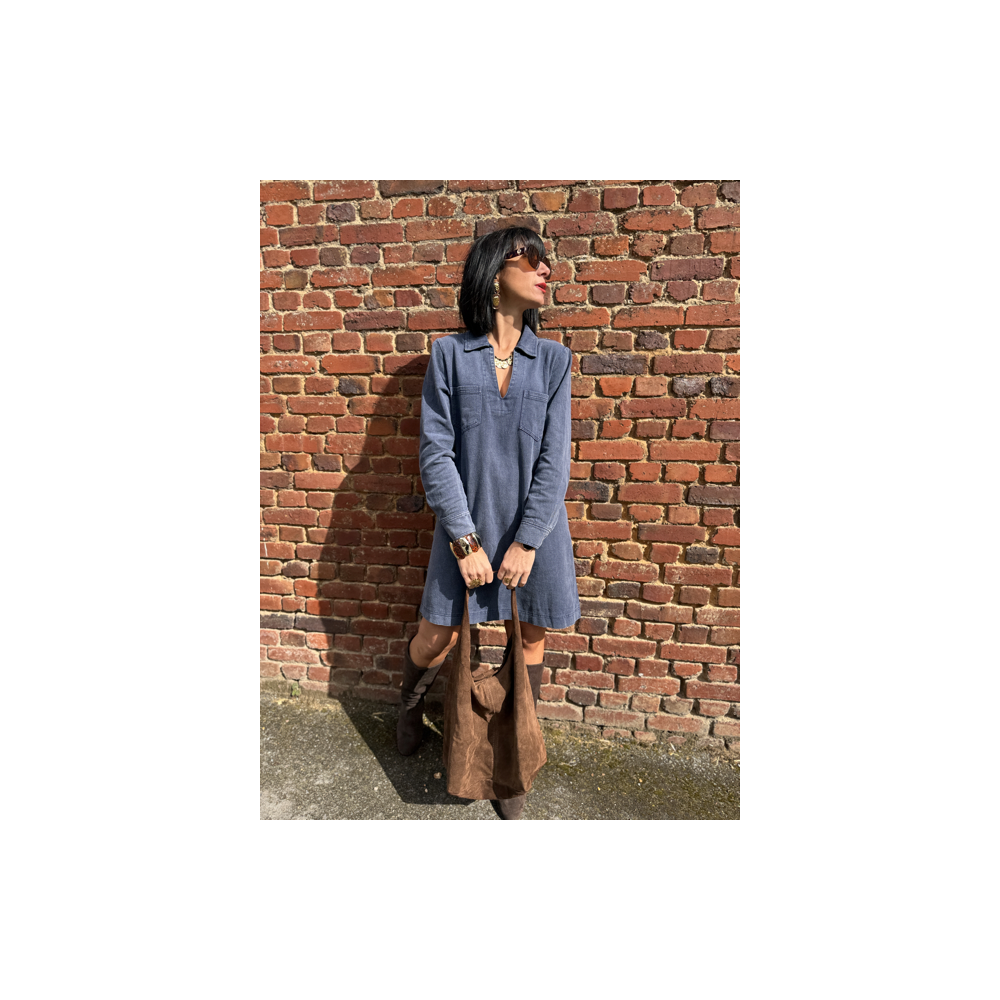Robe en jean bleu femme – Manches longues – Décolleté V – Tailles S, M, L