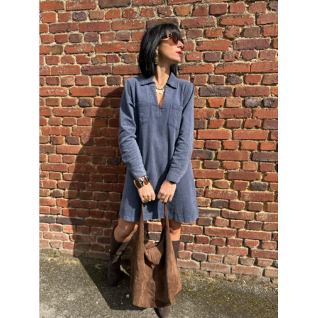 Robe en jean bleu femme – Manches longues – Décolleté V – Tailles S, M, L