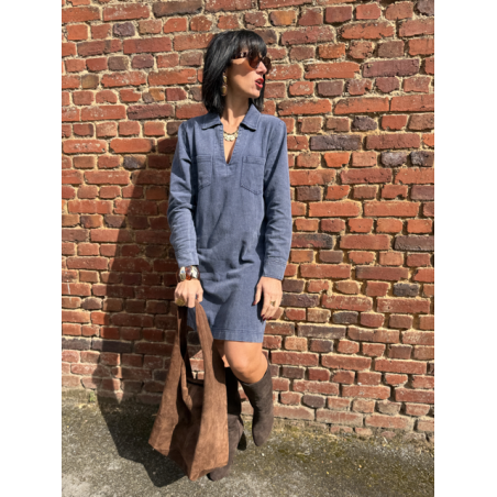 Robe en jean bleu femme – Manches longues – Décolleté V – Tailles S, M, L
