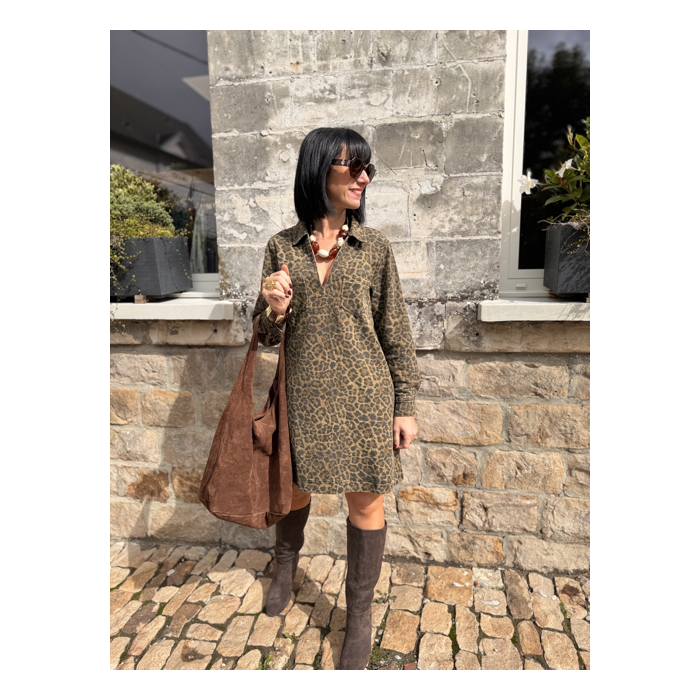 Robe en jean femme – Manches longues – Motif léopard – Tailles S, M, L