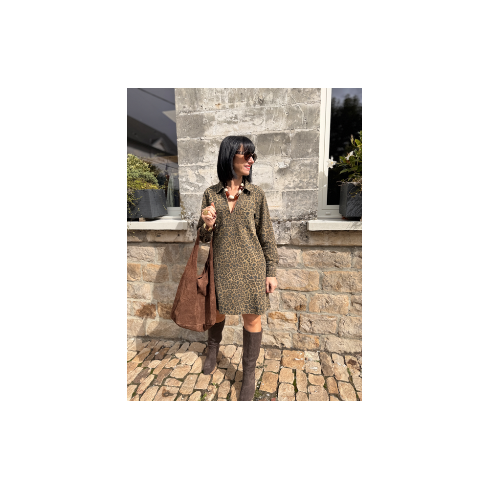 Robe en jean femme – Manches longues – Motif léopard – Tailles S, M, L