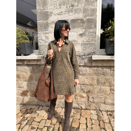 Robe en jean femme – Manches longues – Motif léopard – Tailles S, M, L