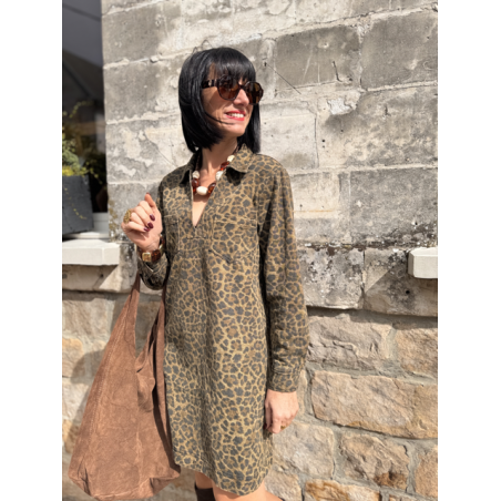 Robe en jean femme – Manches longues – Motif léopard – Tailles S, M, L