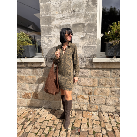 Robe en jean femme – Manches longues – Motif léopard – Tailles S, M, L