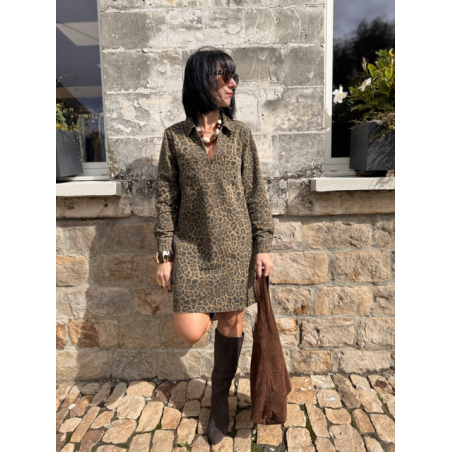 Robe en jean femme – Manches longues – Motif léopard – Tailles S, M, L