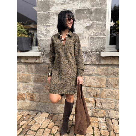 Robe en jean femme – Manches longues – Motif léopard – Tailles S, M, L