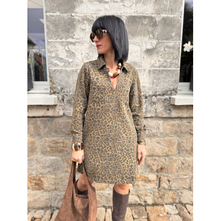 Robe en jean femme – Manches longues – Motif léopard – Tailles S, M, L