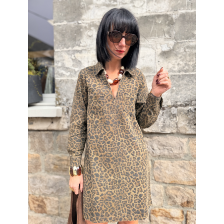 Robe en jean femme – Manches longues – Motif léopard – Tailles S, M, L