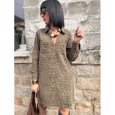 Robe en jean femme – Manches longues – Motif léopard – Tailles S, M, L