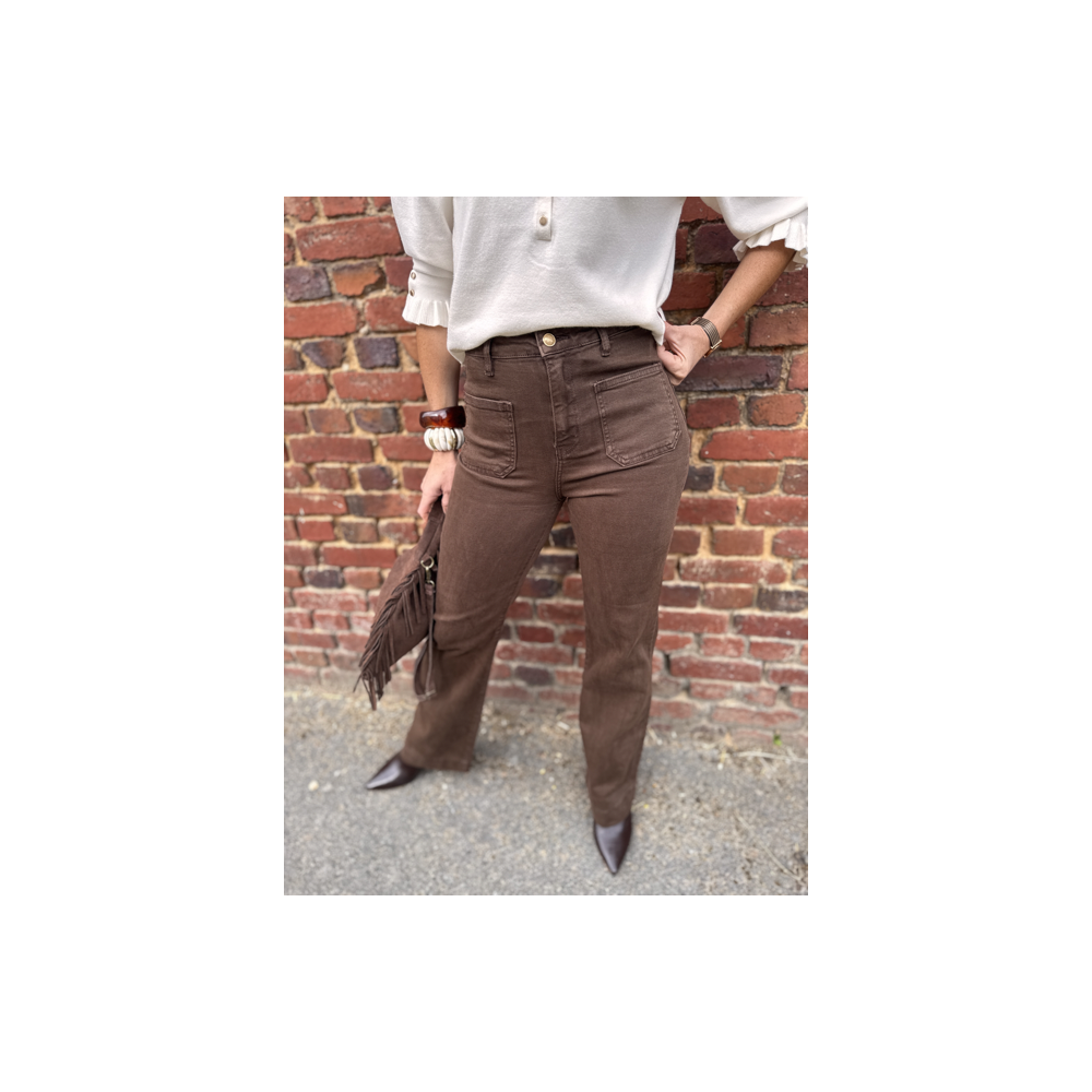 Jean marron femme – Coupe wide leg – Deux poches devant – Tailles 34 à 42