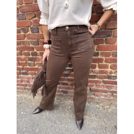 Jean marron femme – Coupe wide leg – Deux poches devant – Tailles 34 à 42