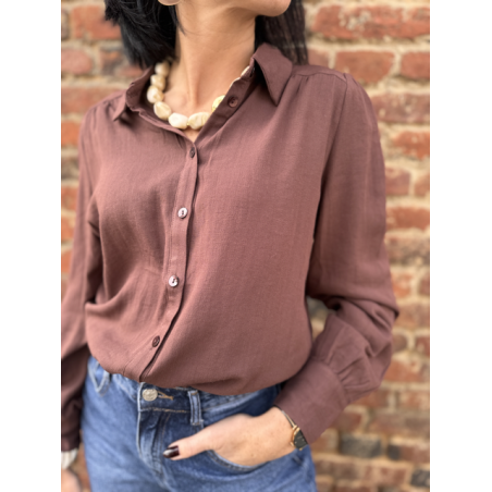 Chemise femme manches longues effet lin – Beige ou marron – Tailles XS à XL